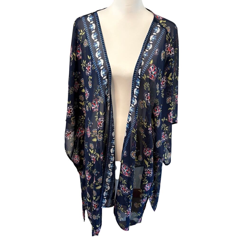 Lane Bryant NWT One Size Navy Floral Sheer Kimono Duster Boho Open Front Wrapl